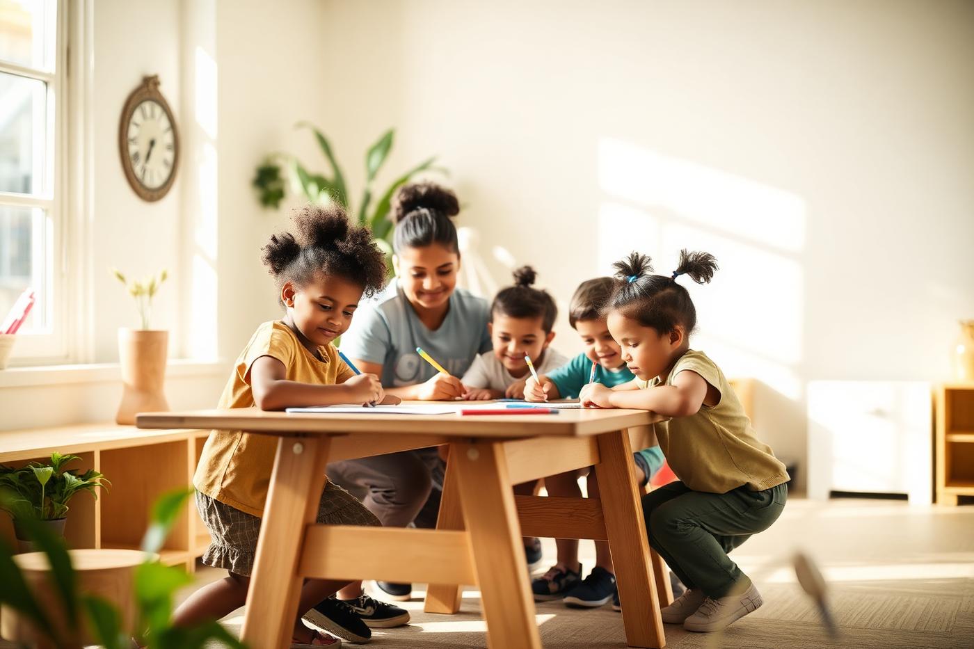 Young children taking part in a play-based emotional wellness activity with a facilitator.