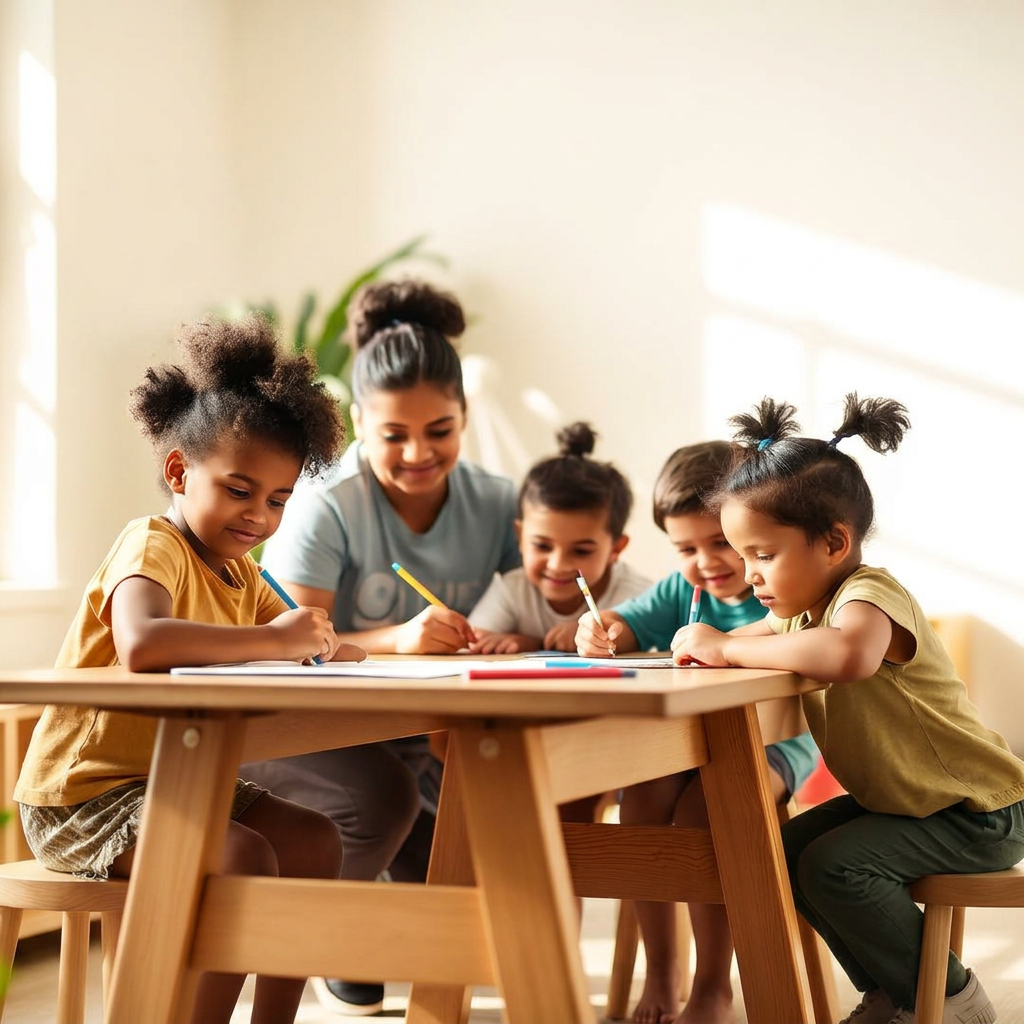 Illustrative scene of children drawing together with an adult facilitator.