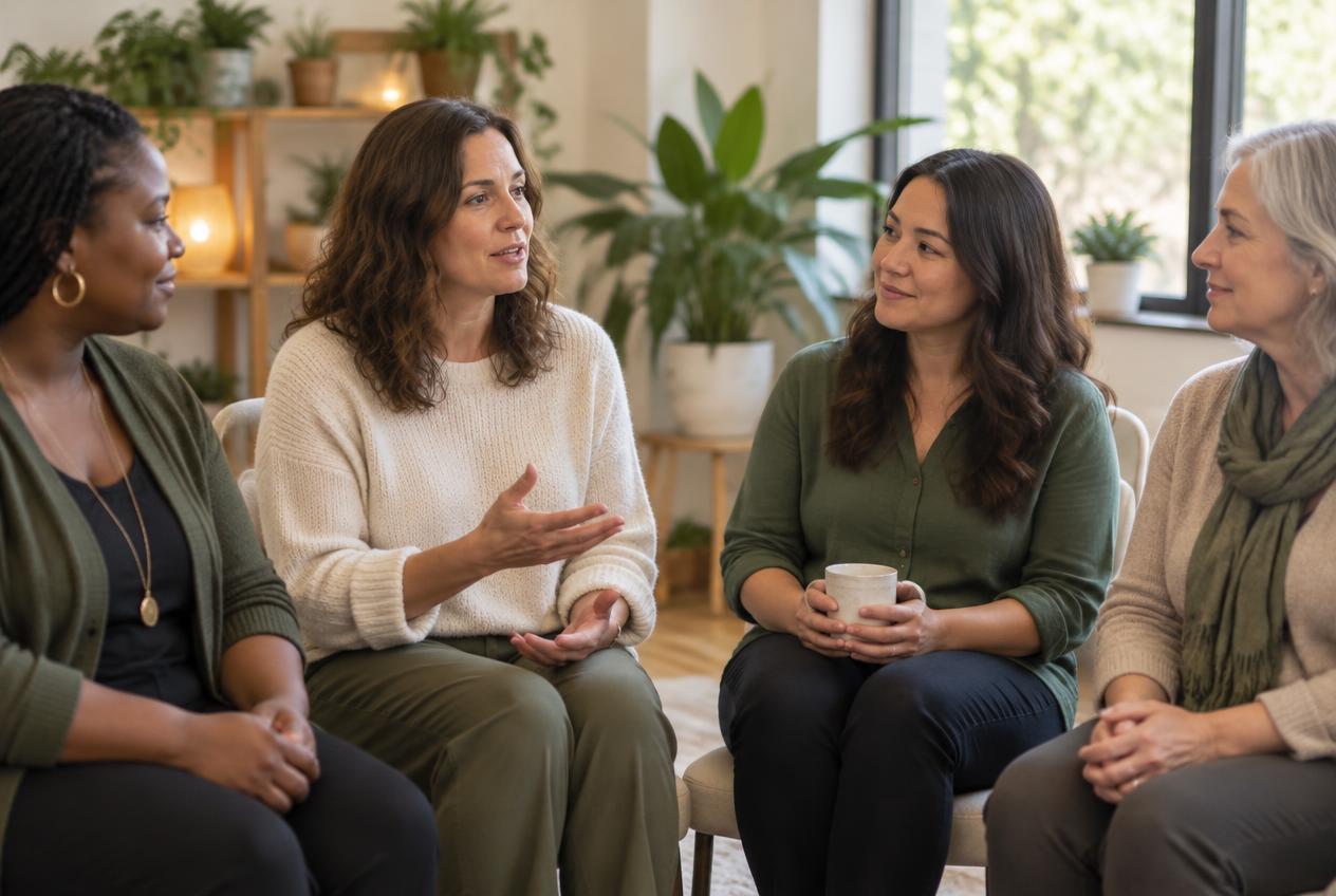 Illustrative scene of adults seated in a welcoming peer support circle.
