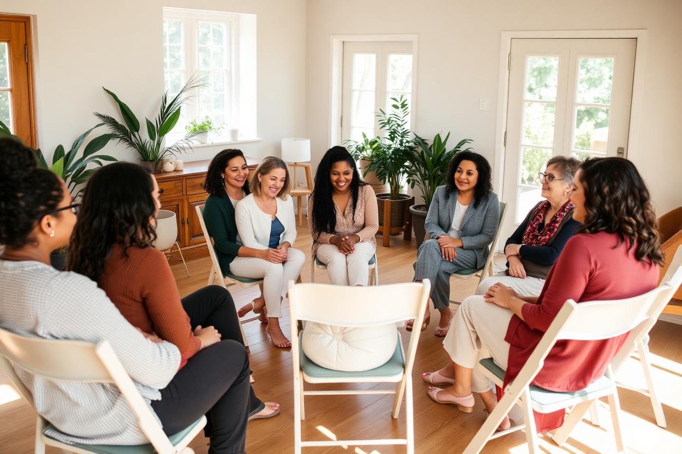 Adults seated in a circle during a WellMind peer support group.