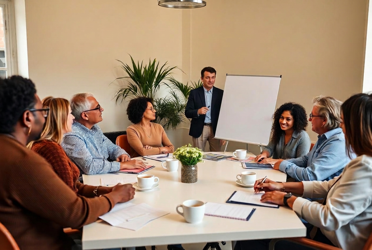 Illustrative scene of adults attending a community training workshop.